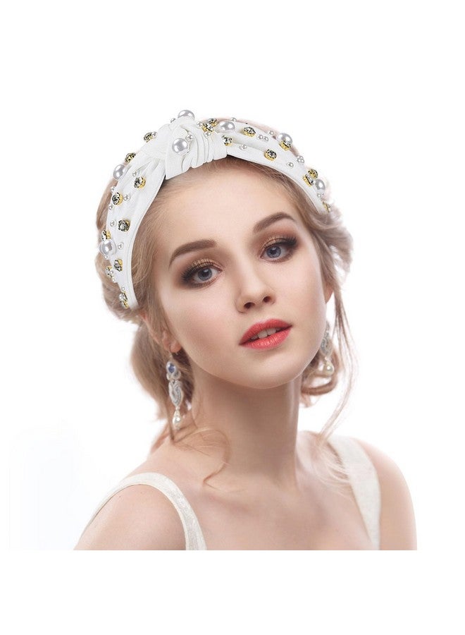 WantGor Pearl Knotted Headband Women Rhinestone Embellished Hairband Elegant Wide Top Knot Bride Headbands Headpieces Party Fashion Elegant Ladies Hair Band Hair Hoop Accessories (White) - Image 4
