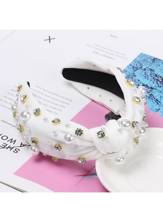 WantGor Pearl Knotted Headband Women Rhinestone Embellished Hairband Elegant Wide Top Knot Bride Headbands Headpieces Party Fashion Elegant Ladies Hair Band Hair Hoop Accessories (White) - Image 3