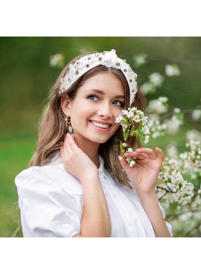 WantGor Pearl Knotted Headband Women Rhinestone Embellished Hairband Elegant Wide Top Knot Bride Headbands Headpieces Party Fashion Elegant Ladies Hair Band Hair Hoop Accessories (White) - Image 5
