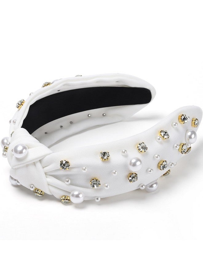 WantGor Pearl Knotted Headband Women Rhinestone Embellished Hairband Elegant Wide Top Knot Bride Headbands Headpieces Party Fashion Elegant Ladies Hair Band Hair Hoop Accessories (White) - Image 2