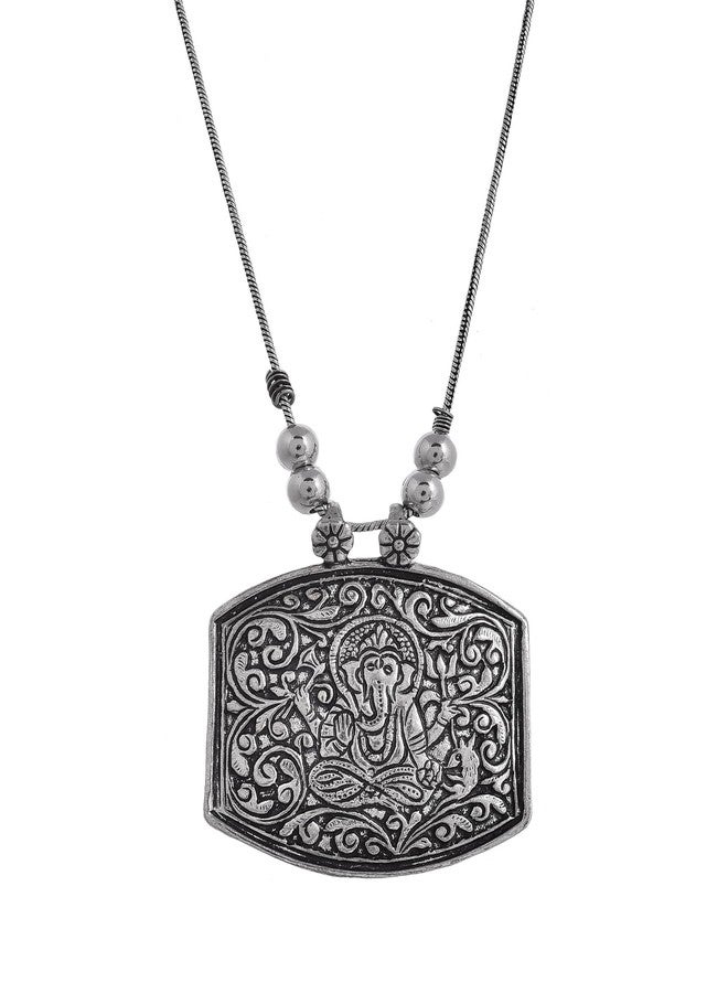 Naman Arts Oxidised Rectangular Geometric Block Pendant Necklace for Women | Antique Boho Block Charm | Pure Brass Lightweight Ethnic Chain Necklace - Image 1