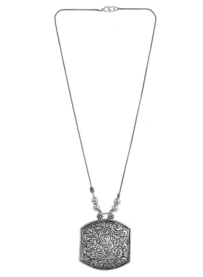 Naman Arts Oxidised Rectangular Geometric Block Pendant Necklace for Women | Antique Boho Block Charm | Pure Brass Lightweight Ethnic Chain Necklace - Image 2