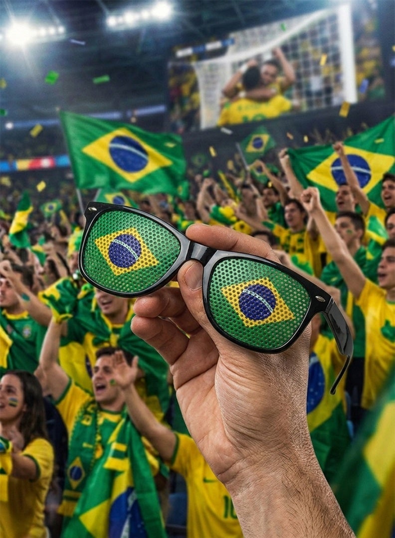 طقم مشجعي كرة القدم البرازيلي 7 في 1 - مجموعة إكسسوارات تشجيعية للمشجعين تتضمن علمًا، ووشاحًا، وطلاءً للوجه، ونظارات شمسية، ومصفقات، وسوارًا للمعصم | منتجات كرة قدم لمشجعي البرازيل - Image 5