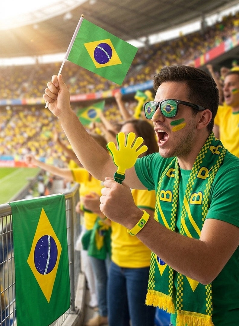 طقم مشجعي كرة القدم البرازيلي 7 في 1 - مجموعة إكسسوارات تشجيعية للمشجعين تتضمن علمًا، ووشاحًا، وطلاءً للوجه، ونظارات شمسية، ومصفقات، وسوارًا للمعصم | منتجات كرة قدم لمشجعي البرازيل - Image 4