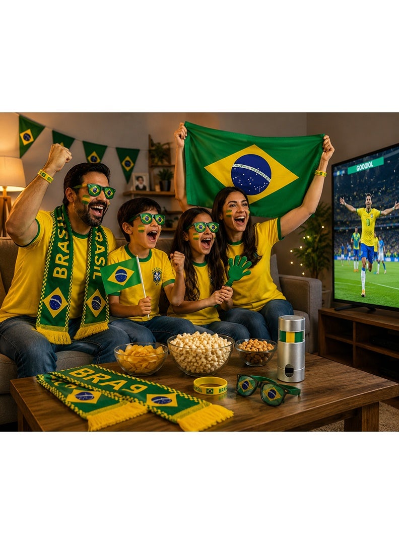 طقم مشجعي كرة القدم البرازيلي 7 في 1 - مجموعة إكسسوارات تشجيعية للمشجعين تتضمن علمًا، ووشاحًا، وطلاءً للوجه، ونظارات شمسية، ومصفقات، وسوارًا للمعصم | منتجات كرة قدم لمشجعي البرازيل - Image 3