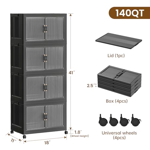 SAILUN 35Gal/140Qt Stackable Storage Bins Folding Collapsible Storage Bins with Lid, Closet Organizers and Storage Box with Door Black 18" W x 11" D x 41" H - Image 2