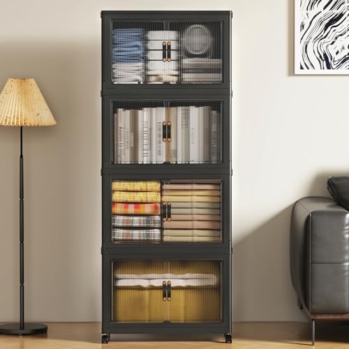 SAILUN 35Gal/140Qt Stackable Storage Bins Folding Collapsible Storage Bins with Lid, Closet Organizers and Storage Box with Door Black 18" W x 11" D x 41" H - Image 4