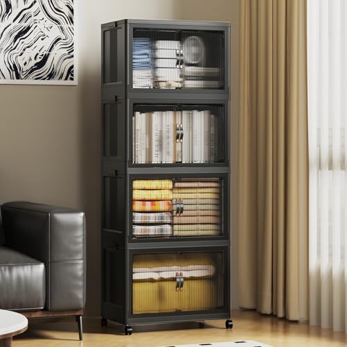 SAILUN 35Gal/140Qt Stackable Storage Bins Folding Collapsible Storage Bins with Lid, Closet Organizers and Storage Box with Door Black 18" W x 11" D x 41" H - Image 1