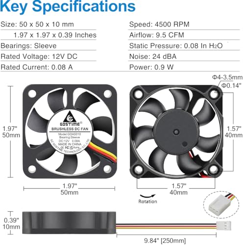 GDSTIME 50mm Fan 3 Pin, 12V 50x50x10mm Mini DC Brushless Cooling Fan Replacement for CPU Heatsink, Northbridge Cooler (2 Pack) - Image 4