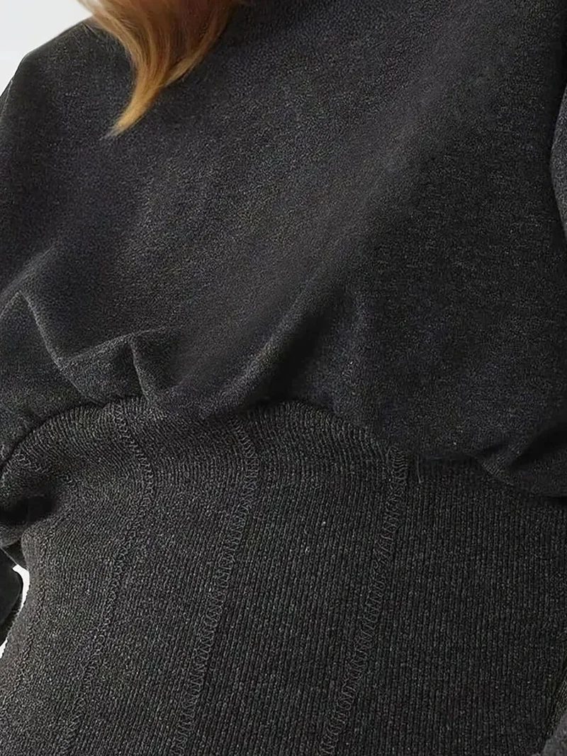 Hiccup Charcoal Grey Fitted Crew Neck Corset Knitted Sweatshirt for Women | Best Price UAE