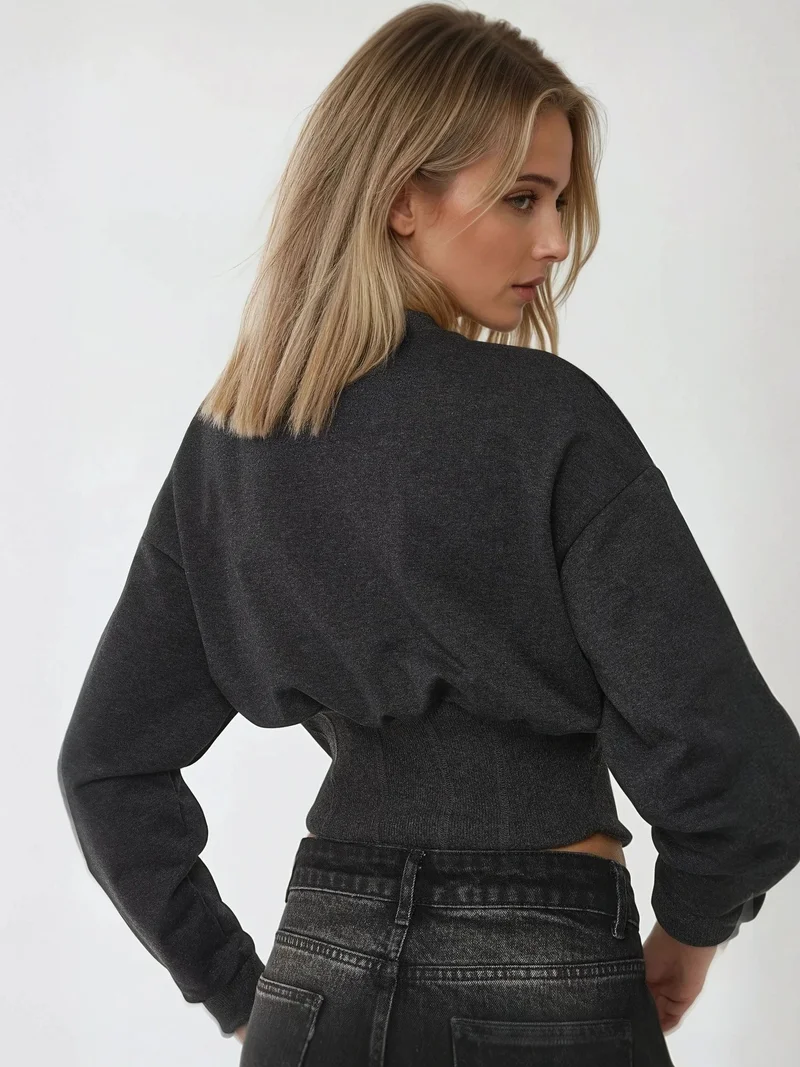 Hiccup Charcoal Grey Fitted Crew Neck Corset Knitted Sweatshirt for Women | Best Price UAE