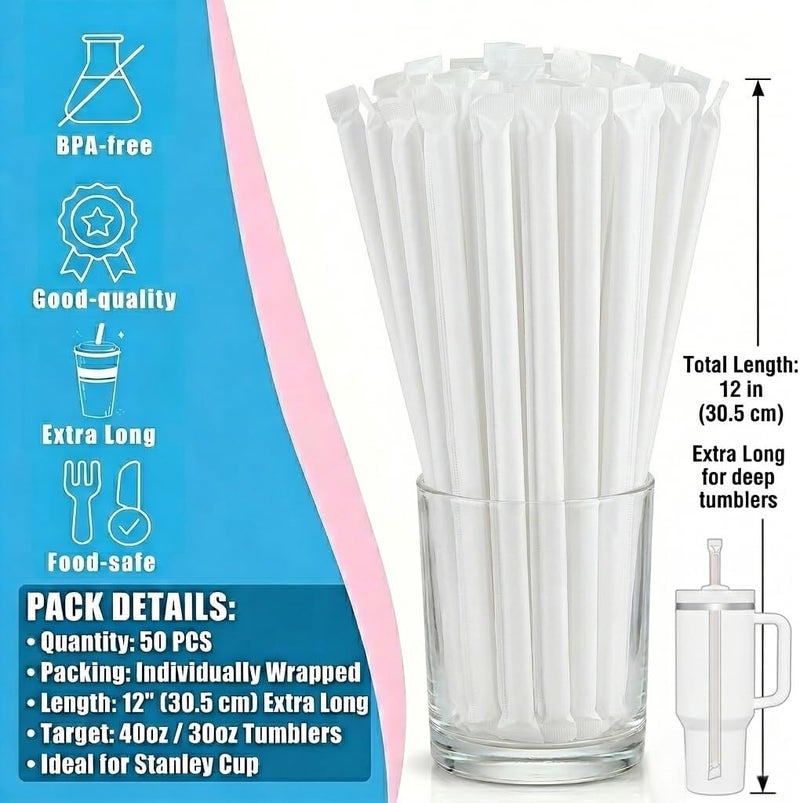 PAKCHOICE 50Pcs Clear Disposable Straws for 40 OZ Tumbler, 12 inch Extra Long Straws Disposable for Stanley 30 Oz 40 Oz Tumbler, Straw Individually Wrapped for Tumblers, Iced Coffee, Milk, Juice, Party Use - Image 3