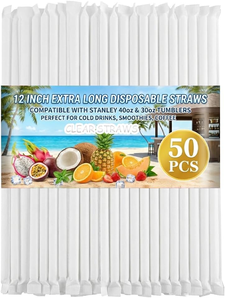 PAKCHOICE 50Pcs Clear Disposable Straws for 40 OZ Tumbler, 12 inch Extra Long Straws Disposable for Stanley 30 Oz 40 Oz Tumbler, Straw Individually Wrapped for Tumblers, Iced Coffee, Milk, Juice, Party Use - Image 1