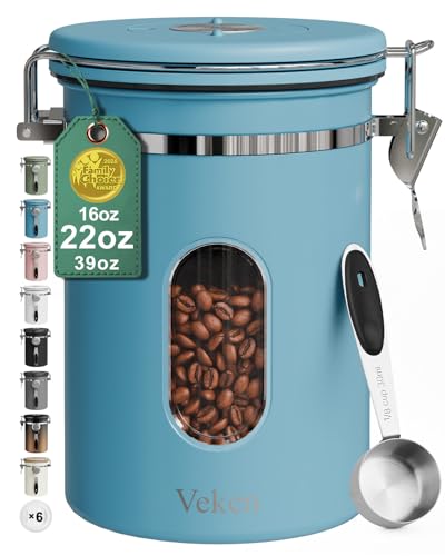 Veken Coffee Canister with Window Airtight Stainless Steel Kitchen Food Storage Container with Lids Date Tracker and Scoop for Grounds Coffee Beans Tea Flour Cereal Sugar Jars 22OZ Blue - Image 1