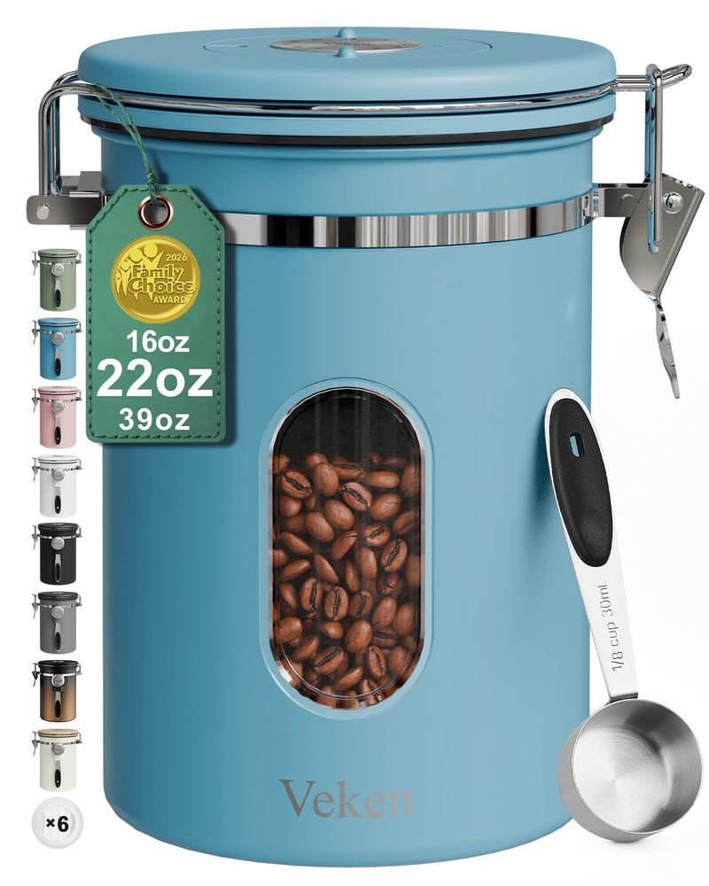 Veken Coffee Canister with Window Airtight Stainless Steel Kitchen Food Storage Container with Lids Date Tracker and Scoop for Grounds Coffee Beans Tea Flour Cereal Sugar Jars 22OZ Blue - Image 2