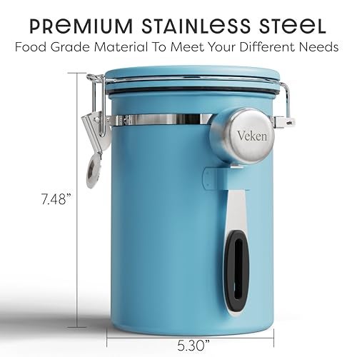 Veken Coffee Canister with Window Airtight Stainless Steel Kitchen Food Storage Container with Lids Date Tracker and Scoop for Grounds Coffee Beans Tea Flour Cereal Sugar Jars 22OZ Blue - Image 3
