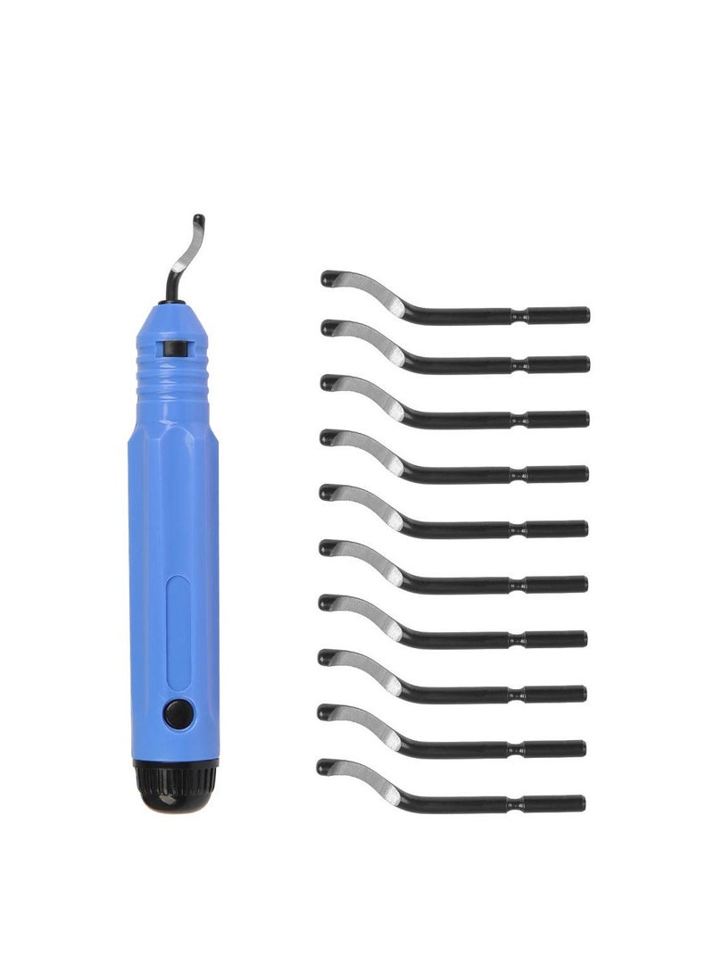 KASTWAVE Hand Deburring Tool Set, KASTWAVE Manual Deburring Cutter Burr Remover Burr Handle with 10 Replacement Deburr Blades Edge Deburring Tool Kit for Metal/Aluminum/Plastic/Pipe Wood/Copper (Blue)