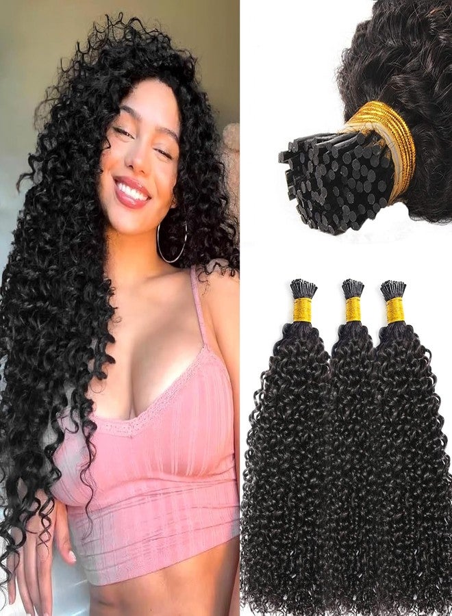 Smartinnov I Tips Hair Extensions Kinky Curly Human Hair Easy to Maintain Invisible Keratin Stick Tipped Remy Hairs 16 Inch 100Gram Cold Fusion Salon Microlinks 3C Human Hair Extension Black Bundles for Party - Image 1