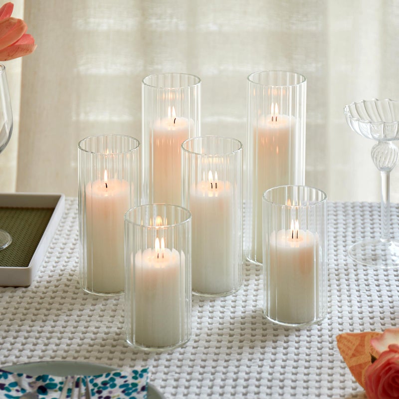 NATCENSE Set of 6 White Pillar Candles with Clear Glass Hurricane Holders- Elegant Cylinder Candle Vases for Weddings, Parties, Centerpieces, Home & Office Decor (White, 6 Set-Vase) - Image 1