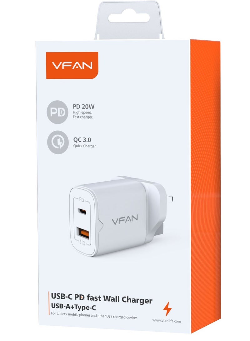 VFAN Dual Port USB A+Type C PD 20W Wall Charger UK03-White - Image 1