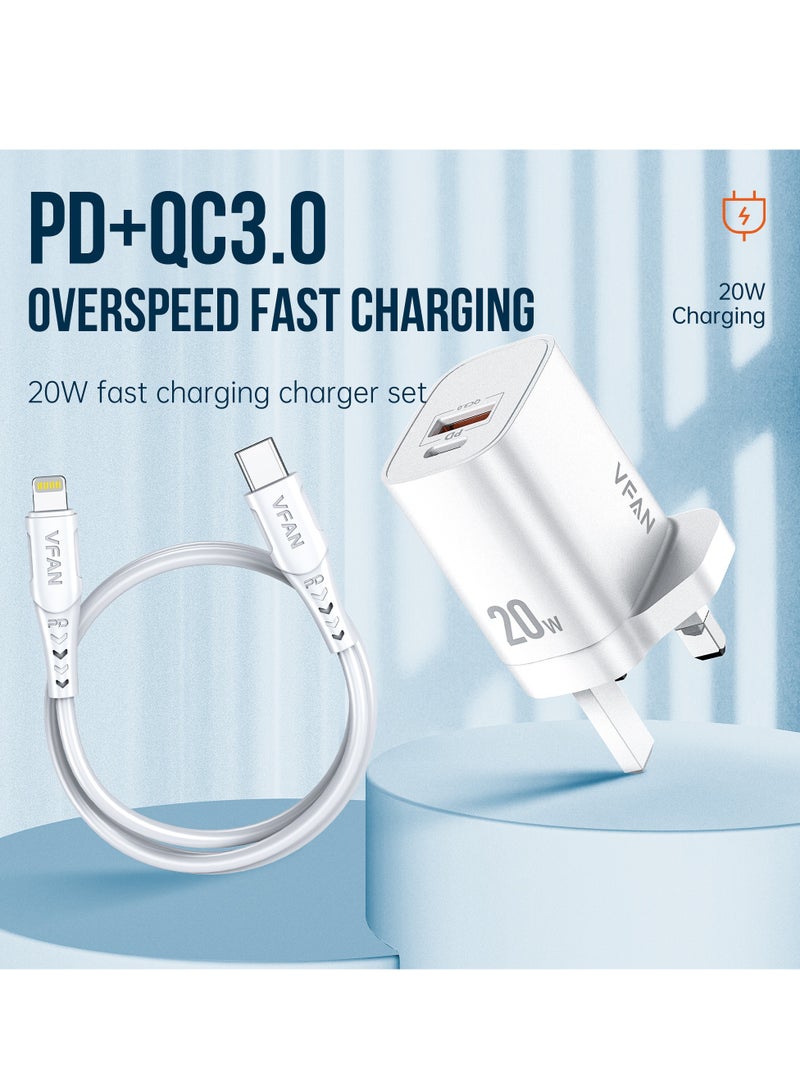 VFAN Dual Port USB A+Type C PD 20W Wall Charger UK03-White - Image 2