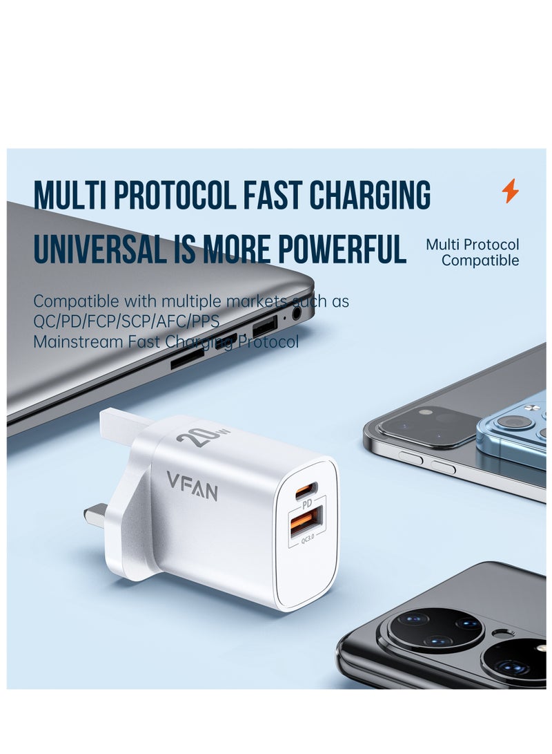 VFAN Dual Port USB A+Type C PD 20W Wall Charger UK03-White - Image 4