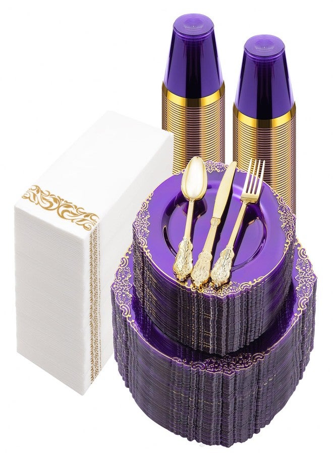 Bestluck 350PCS Clear Purple Plastic Plates for 50 Guests, Disposable Plates with Gold Trim include 50 Dinner Plates, 50 Dessert Plates, 150 Gold Silverware, 50 Cups, 50 Napkins for Party, Wedding - Image 1