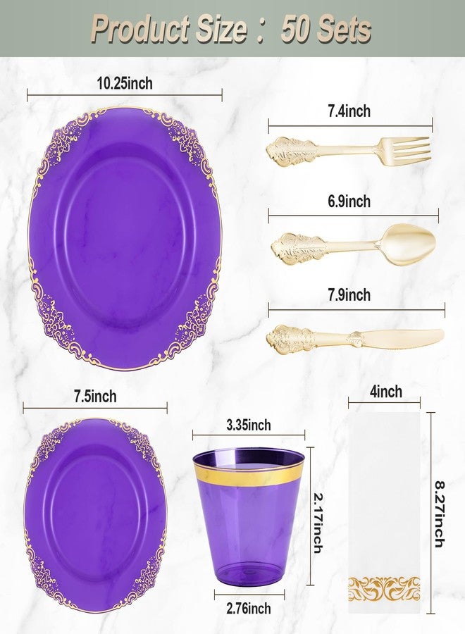 Bestluck 350PCS Clear Purple Plastic Plates for 50 Guests, Disposable Plates with Gold Trim include 50 Dinner Plates, 50 Dessert Plates, 150 Gold Silverware, 50 Cups, 50 Napkins for Party, Wedding - Image 2