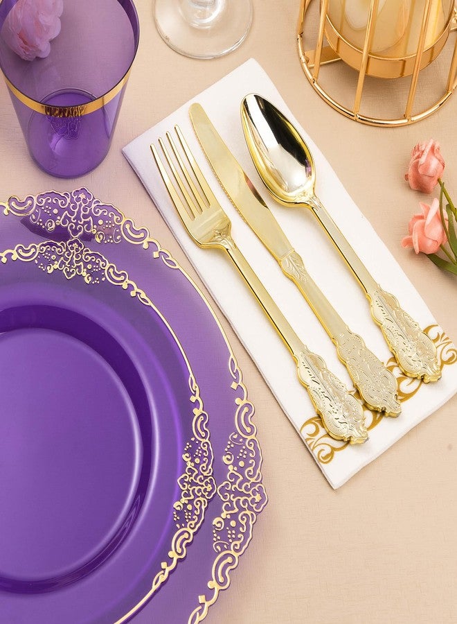 Bestluck 350PCS Clear Purple Plastic Plates for 50 Guests, Disposable Plates with Gold Trim include 50 Dinner Plates, 50 Dessert Plates, 150 Gold Silverware, 50 Cups, 50 Napkins for Party, Wedding - Image 4