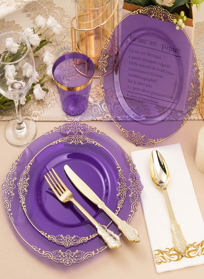 Bestluck 350PCS Clear Purple Plastic Plates for 50 Guests, Disposable Plates with Gold Trim include 50 Dinner Plates, 50 Dessert Plates, 150 Gold Silverware, 50 Cups, 50 Napkins for Party, Wedding - Image 5