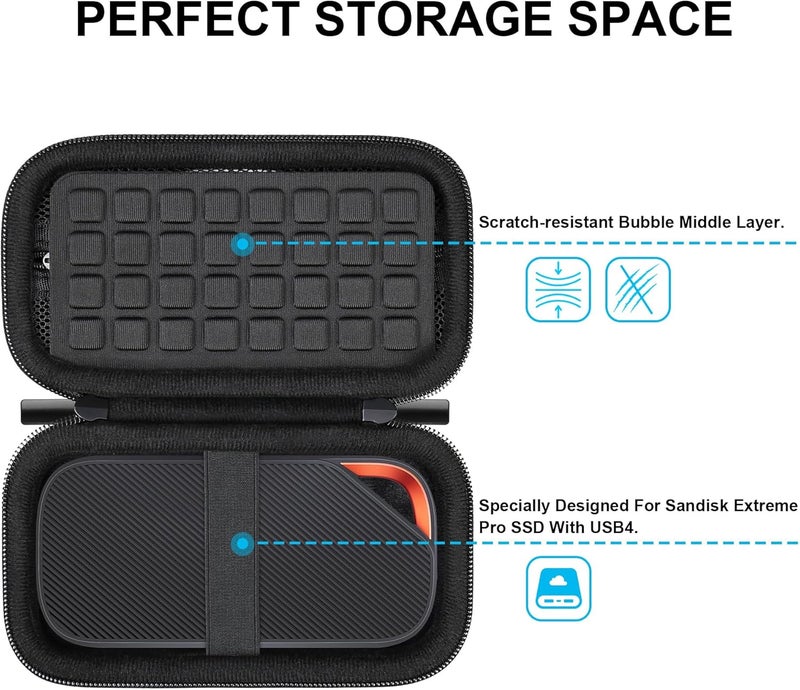 Lacdo Hard Carrying Case for SanDisk Extreme Pro with USB4 Portable SSD 2TB 4TB USB-C External Solid State Drive EVA Shockproof Water Repellent Protective Storage Travel Bag, Black - Image 2