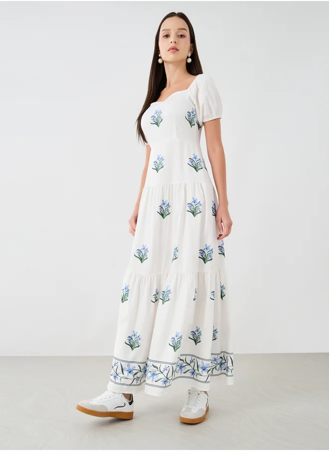 تايك تو Take Two Floral Print Puff Sleeve Square Neck Maxi Dress