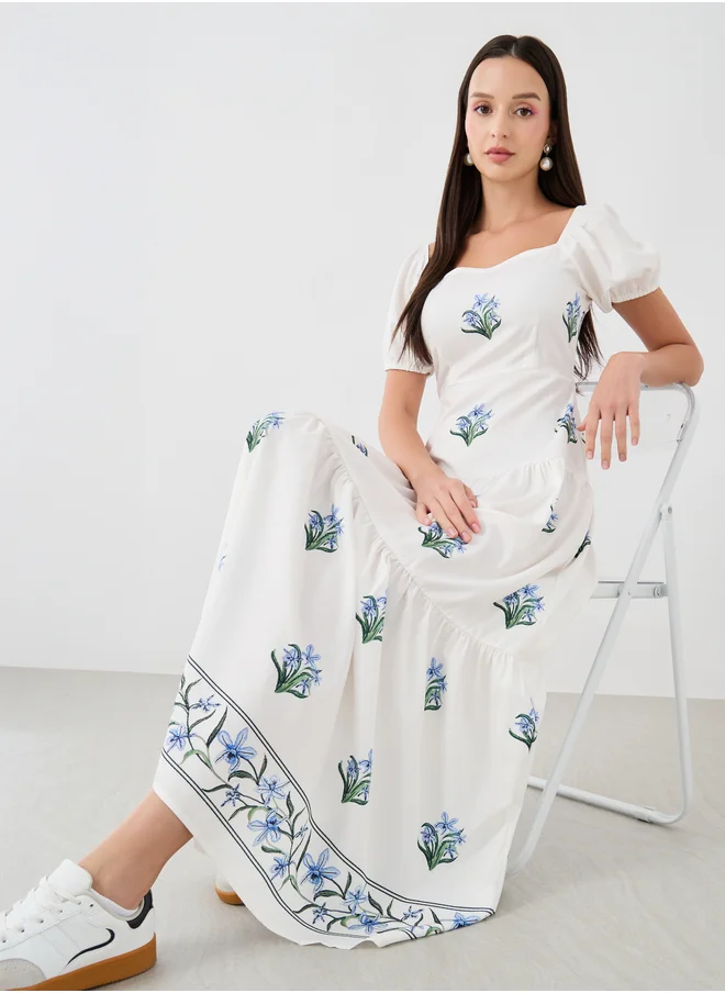 تايك تو Take Two Floral Print Puff Sleeve Square Neck Maxi Dress