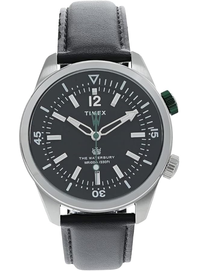 TIMEX Men Waterbury Diver 41Mm Watch – Black Dial Stainless Steel Case With Black Leather Strap
