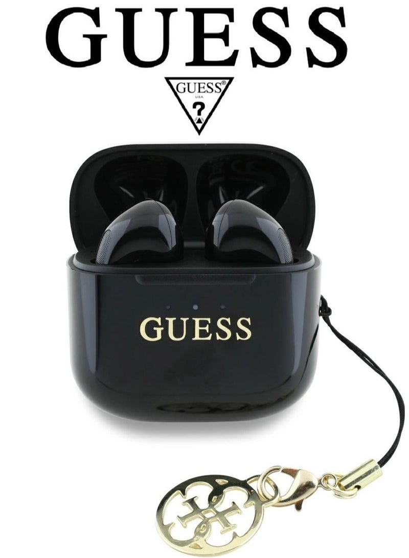CG MOBILE French-designed, elegant, & GUESS-certified wireless bluetooth headphones. Wireless bluetooth earbuds with the latest Bluetooth 5.4 version. headset wireless bluetooth with clear, pure sound. earbuds bluetooth with a built-in, highly sensitive, and smooth microphone. headphones bluetooth with a small, elegant riser. Black mobile earphones. - Image 1