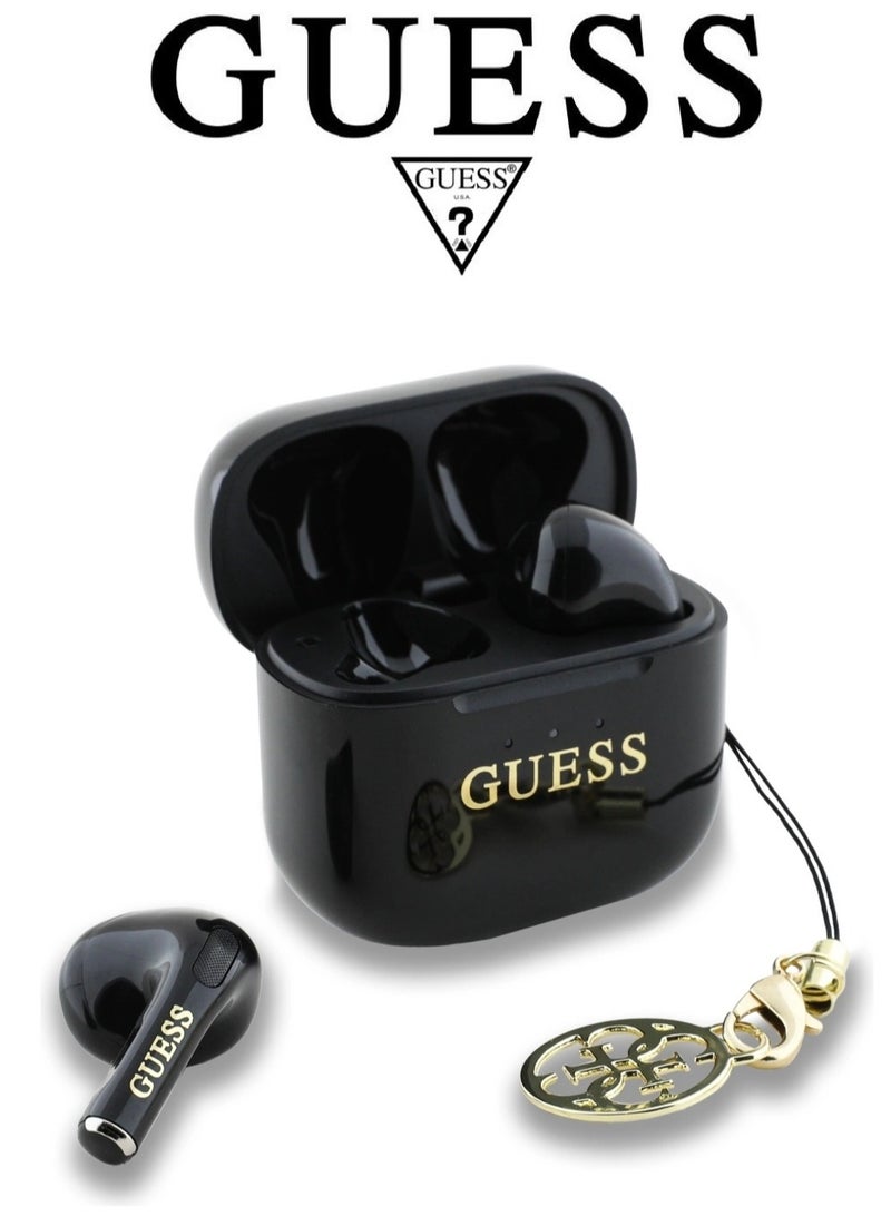 CG MOBILE French-designed, elegant, & GUESS-certified wireless bluetooth headphones. Wireless bluetooth earbuds with the latest Bluetooth 5.4 version. headset wireless bluetooth with clear, pure sound. earbuds bluetooth with a built-in, highly sensitive, and smooth microphone. headphones bluetooth with a small, elegant riser. Black mobile earphones. - Image 3