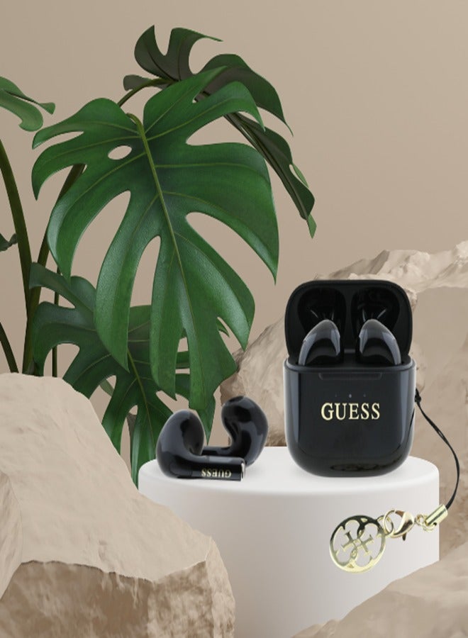CG MOBILE French-designed, elegant, & GUESS-certified wireless bluetooth headphones. Wireless bluetooth earbuds with the latest Bluetooth 5.4 version. headset wireless bluetooth with clear, pure sound. earbuds bluetooth with a built-in, highly sensitive, and smooth microphone. headphones bluetooth with a small, elegant riser. Black mobile earphones. - Image 5