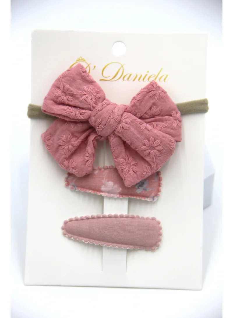 D'Daniela Jana Ribbon Bow Clip Set with Ponytail For Babies and Girls - Pink