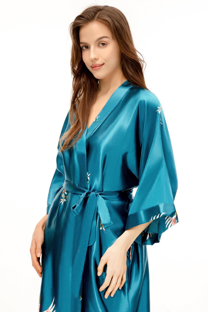 PRODESIGN Long Kimono Robe Satin Sleepwear Blouse Bathrobe Nightgown Silky Crane Kimono Cardigan Robe - Image 5