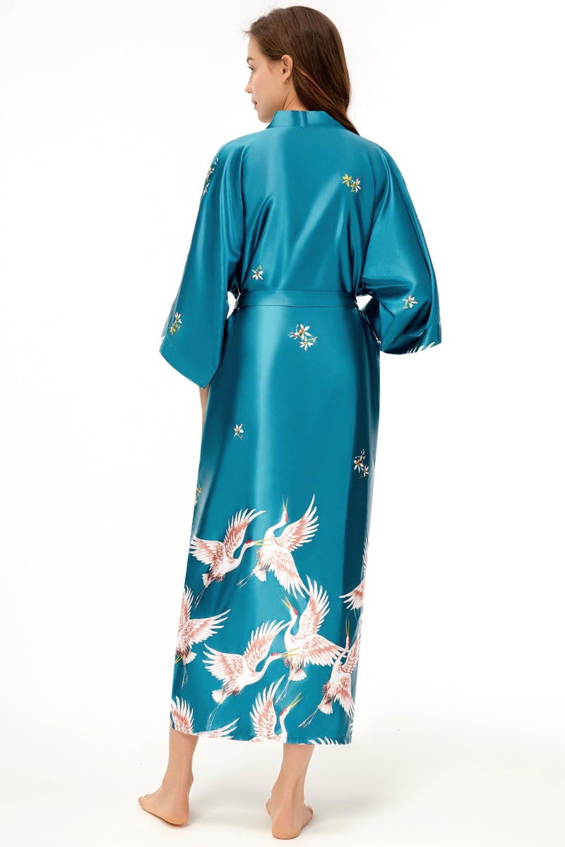 PRODESIGN Long Kimono Robe Satin Sleepwear Blouse Bathrobe Nightgown Silky Crane Kimono Cardigan Robe - Image 4