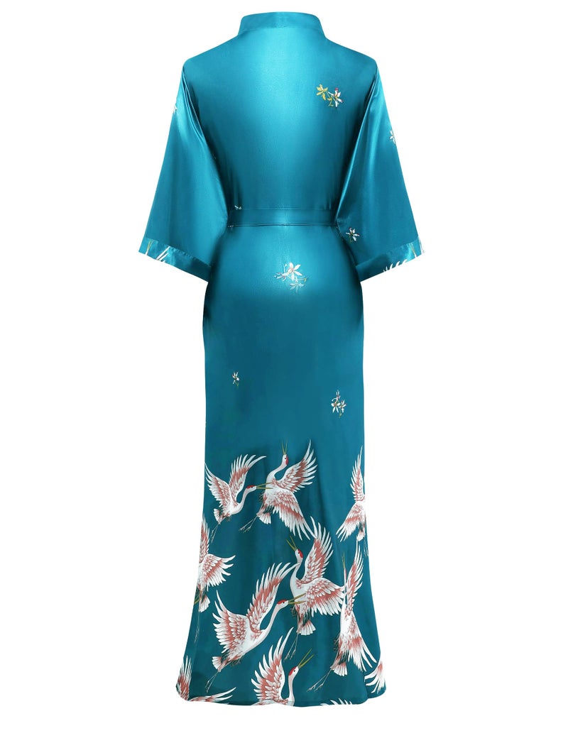 PRODESIGN Long Kimono Robe Satin Sleepwear Blouse Bathrobe Nightgown Silky Crane Kimono Cardigan Robe - Image 2