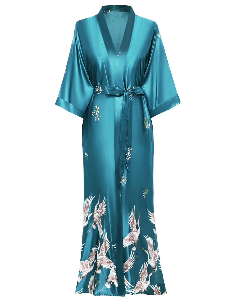 PRODESIGN Long Kimono Robe Satin Sleepwear Blouse Bathrobe Nightgown Silky Crane Kimono Cardigan Robe - Image 1