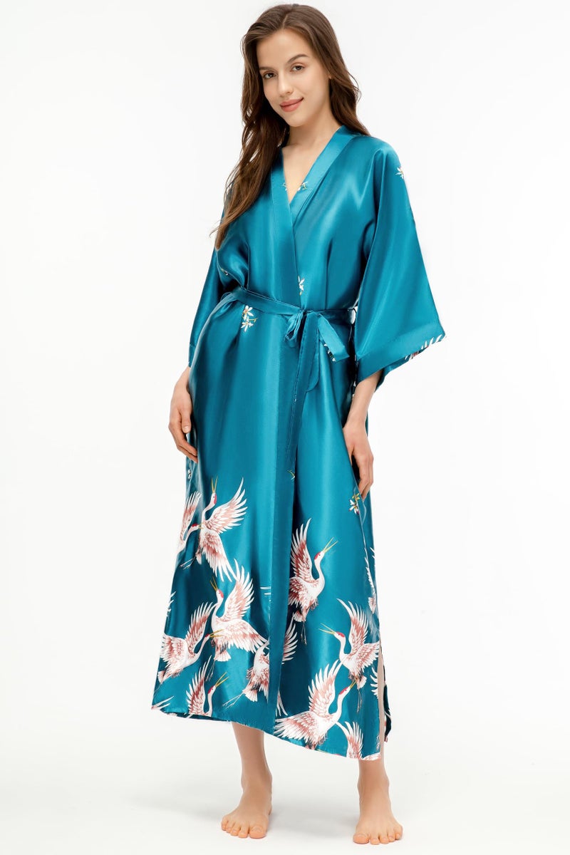 PRODESIGN Long Kimono Robe Satin Sleepwear Blouse Bathrobe Nightgown Silky Crane Kimono Cardigan Robe - Image 3