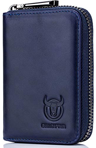 BULLCAPTAIN Genuine Leather Men Wallet Card Holder Cards Zipper Credit Card Pack Case Purse (blue) - Image 1