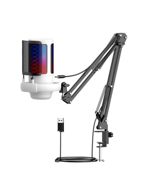 Gaming PC USB Microphone,Podcast Condenser Mic with Boom Arm,Pop Filter,Mute Button for Streaming,Online Chat, RGB Computer Mic for PS4/5 PC Gamer Youtuber White