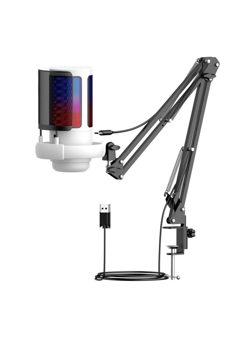 FlashHawk - Gaming PC USB Microphone,Podcast Condenser Mic with Boom Arm,Pop Filter,Mute Button for Streaming,Online Chat, RGB Computer Mic for PS4/5 PC Gamer Youtuber White - Image 1