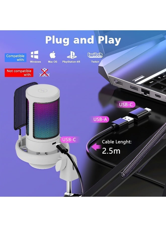 فلاشهوك ميكروفون USB للكمبيوتر الشخصي للألعاب، ميكروفون مكثف للبودكاست مع ذراع بوم، فلتر بوب، زر كتم الصوت للبث، الدردشة عبر الإنترنت، ميكروفون كمبيوتر RGB لجهاز PS4/5 PC Gamer Youtuber أبيض - Image 3