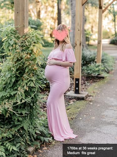 Glampunch Womens Off Shoulder Maternity Dress Ruffles Elegant Slim Gowns Fit Maxi Photography Dress A-Pink - Image 4