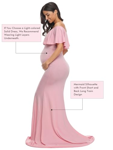 Glampunch Womens Off Shoulder Maternity Dress Ruffles Elegant Slim Gowns Fit Maxi Photography Dress A-Pink - Image 5