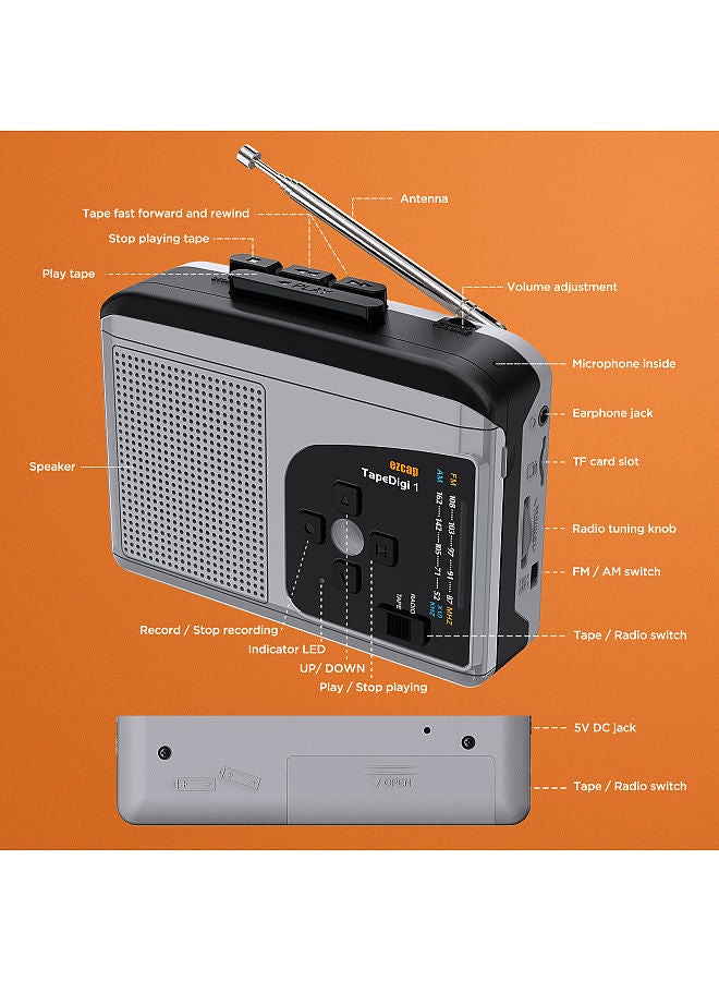 Ezcap ezcap234 Cassette Tape Player Portable AM FM Radio Cassette Tape-to-MP3 Converter Sound Recorder - Image 4